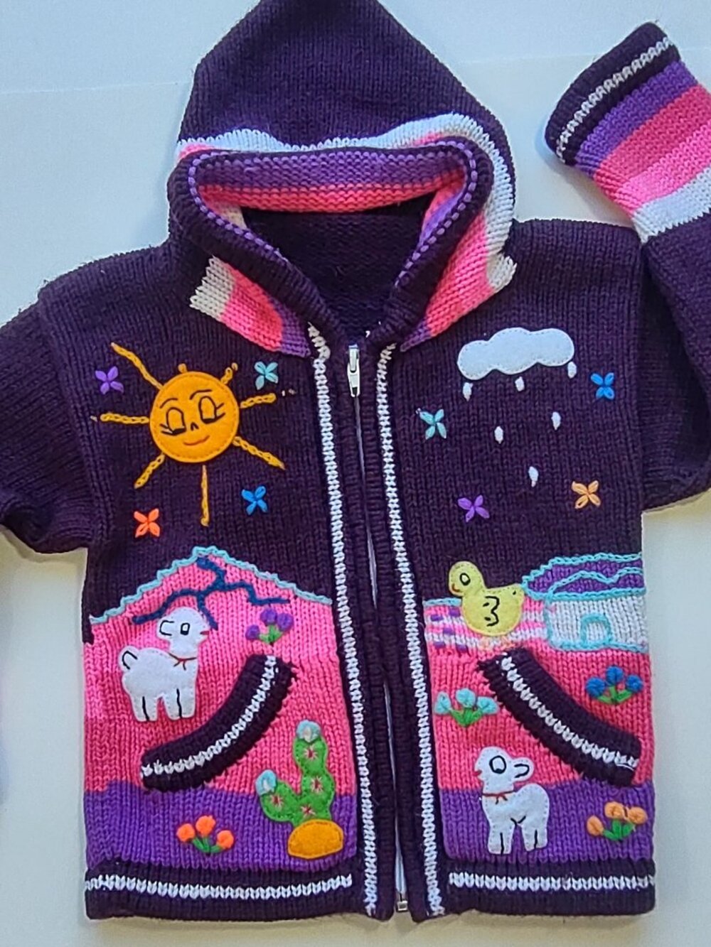 Peruvian Cardigan Sweater Kid Size 2T Full Zip Hood Pockets Purple & Pink - Picture 3 of 8
